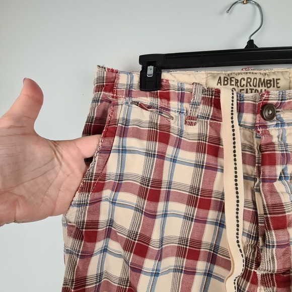 Abercrombie & Fitch Cargo Shorts Men 30 Red Plaid Drawstring Button Fly Vintage - Picture 7 of 14